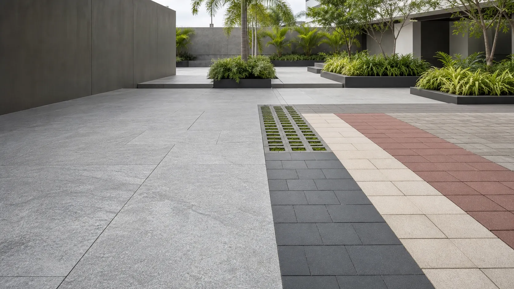 Landscaped Indian courtyard showcasing granite slabs, concrete paving tiles and permeable grass pavers