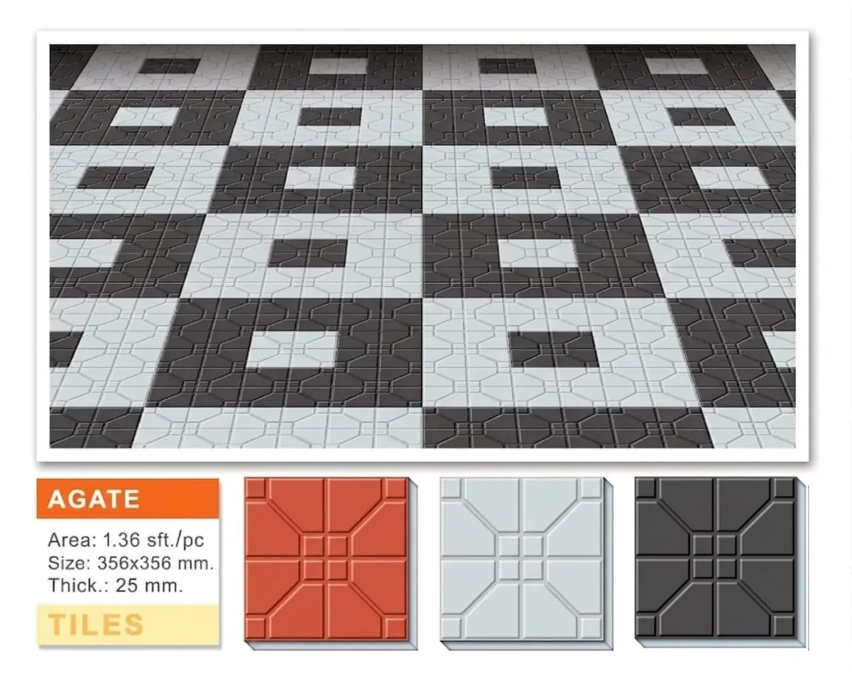 Agate concrete paving tiles with geometric hexagonal pattern in white and charcoal