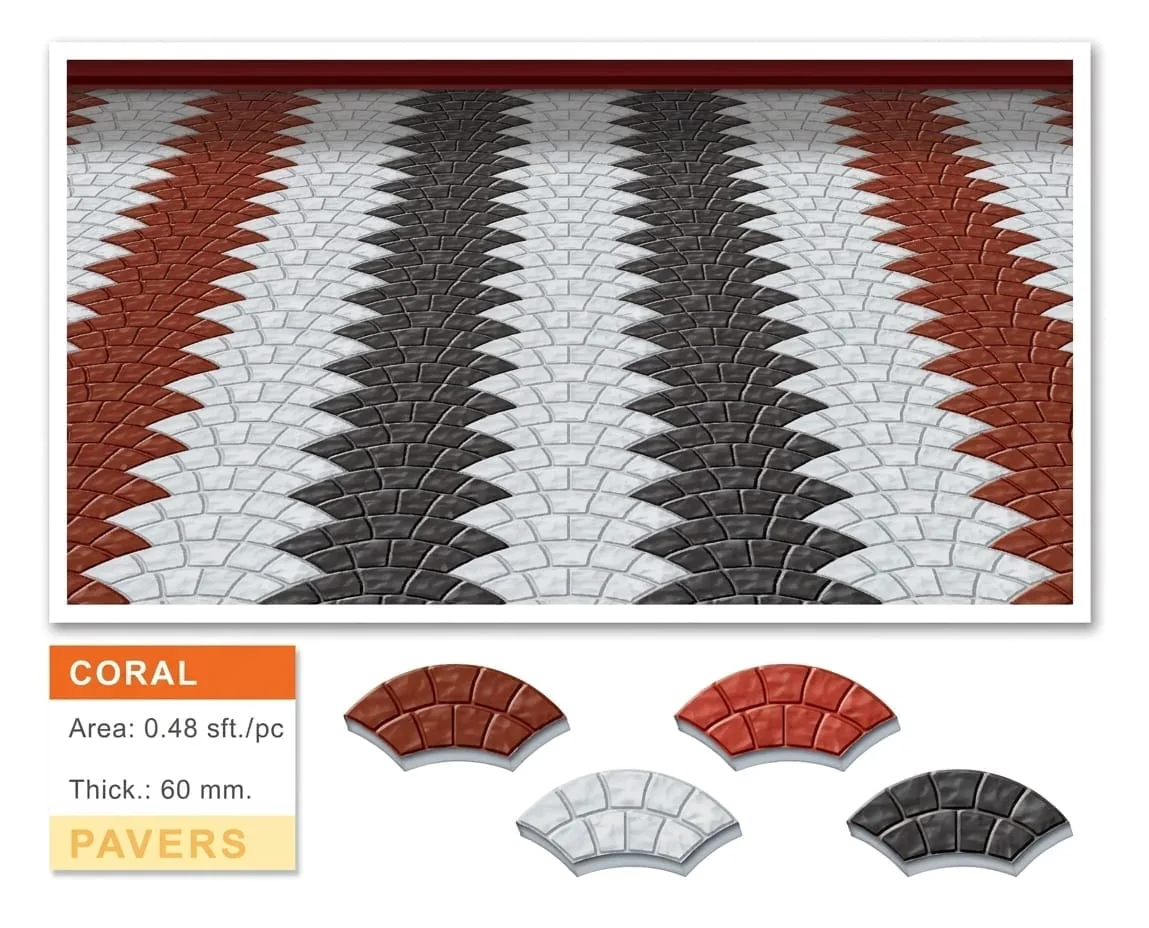 Coral fan-shaped interlocking pavers in red, white and charcoal chevron pattern