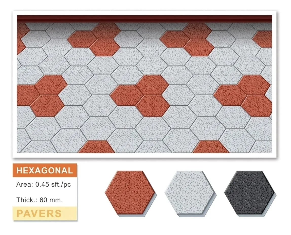 Hexagonal concrete paving in red and light grey honeycomb pattern