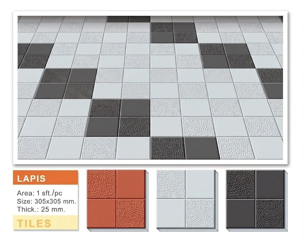 Lapis concrete paving tile layout with grey, white and charcoal squares