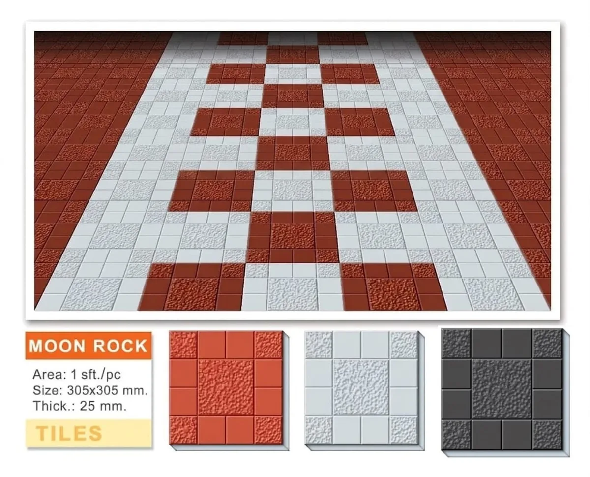 Moon Rock concrete paving tiles arranged in red and white