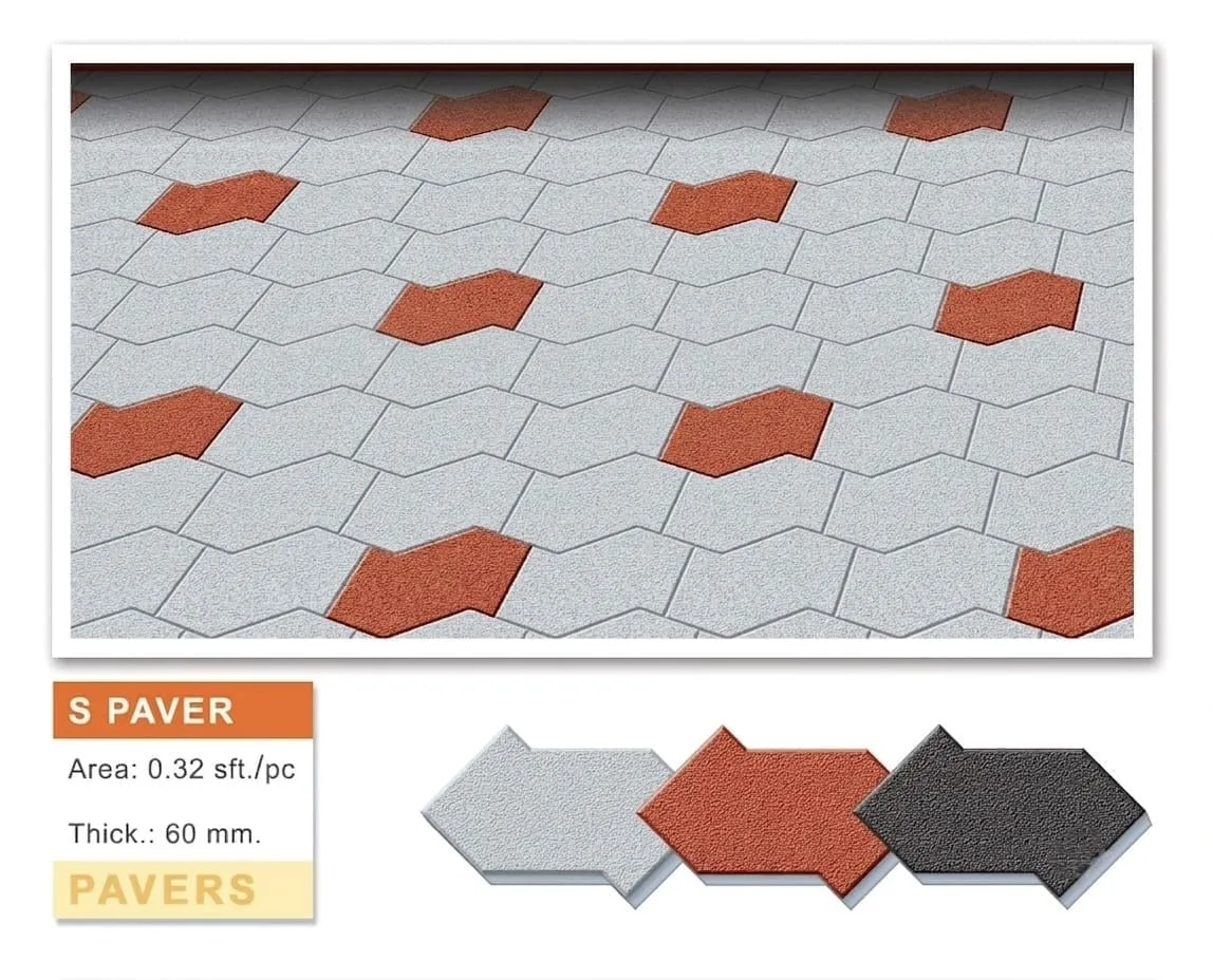 S-shaped hexagonal interlocking pavers in grey with red accent blocks
