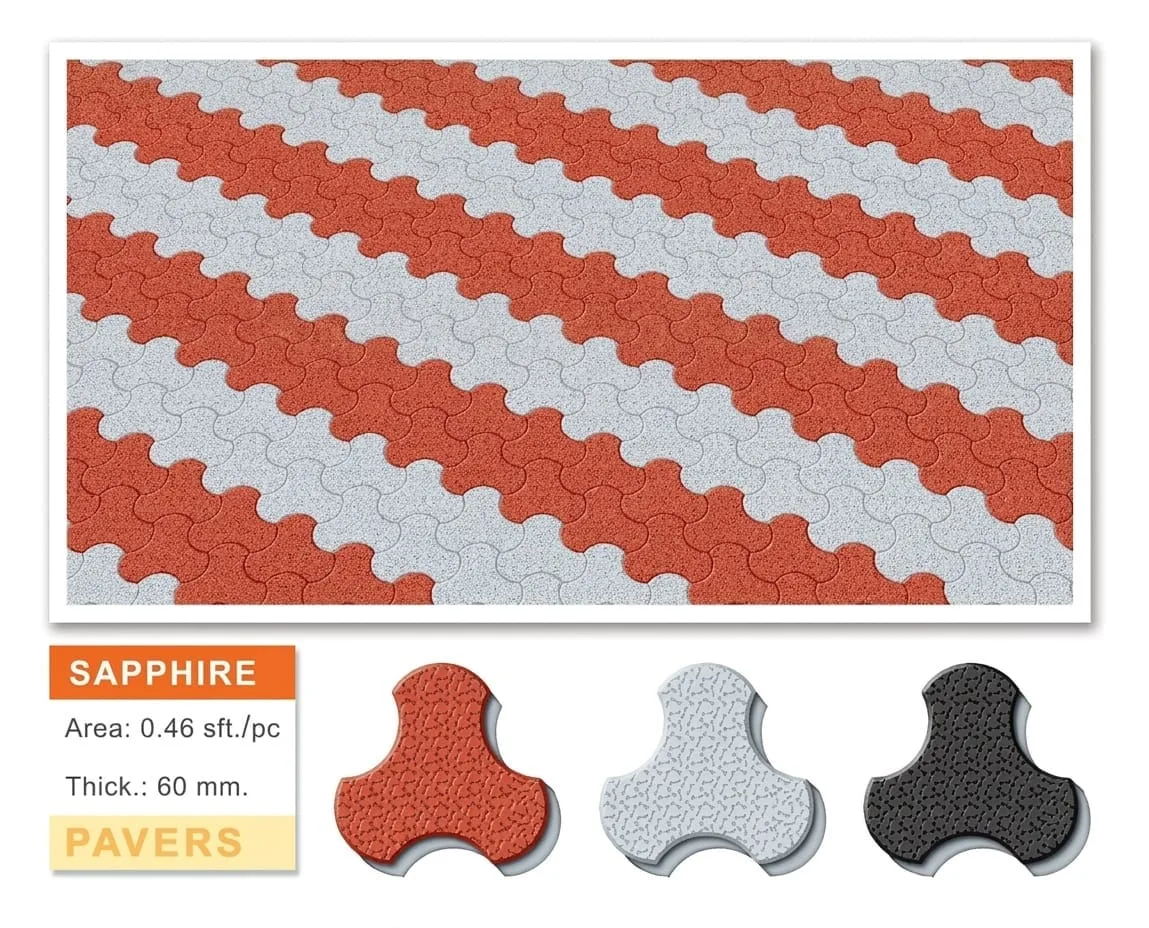 Sapphire three-lobed interlocking pavers in red and white diagonal bands