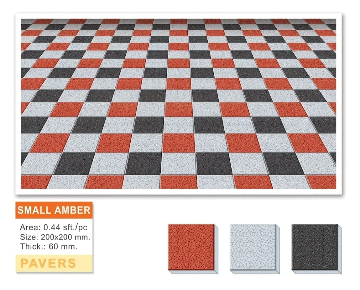 Small Amber square concrete pavers in red, white and charcoal checker pattern